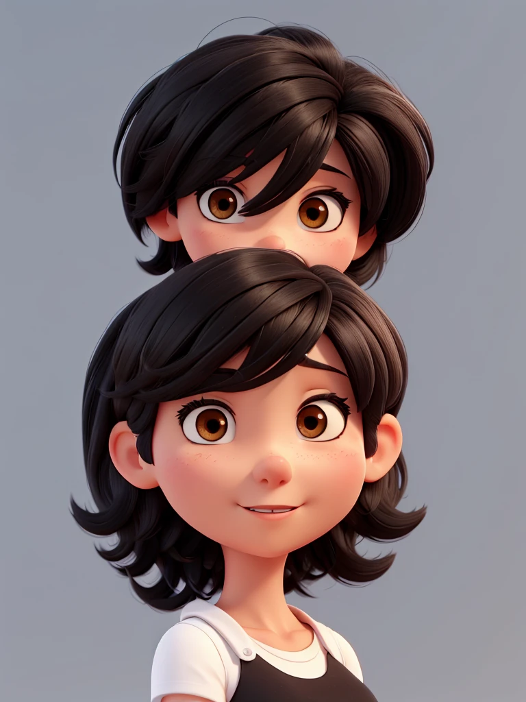 Cartoon 3d, white background, woman, very short black hair and round brown eyes