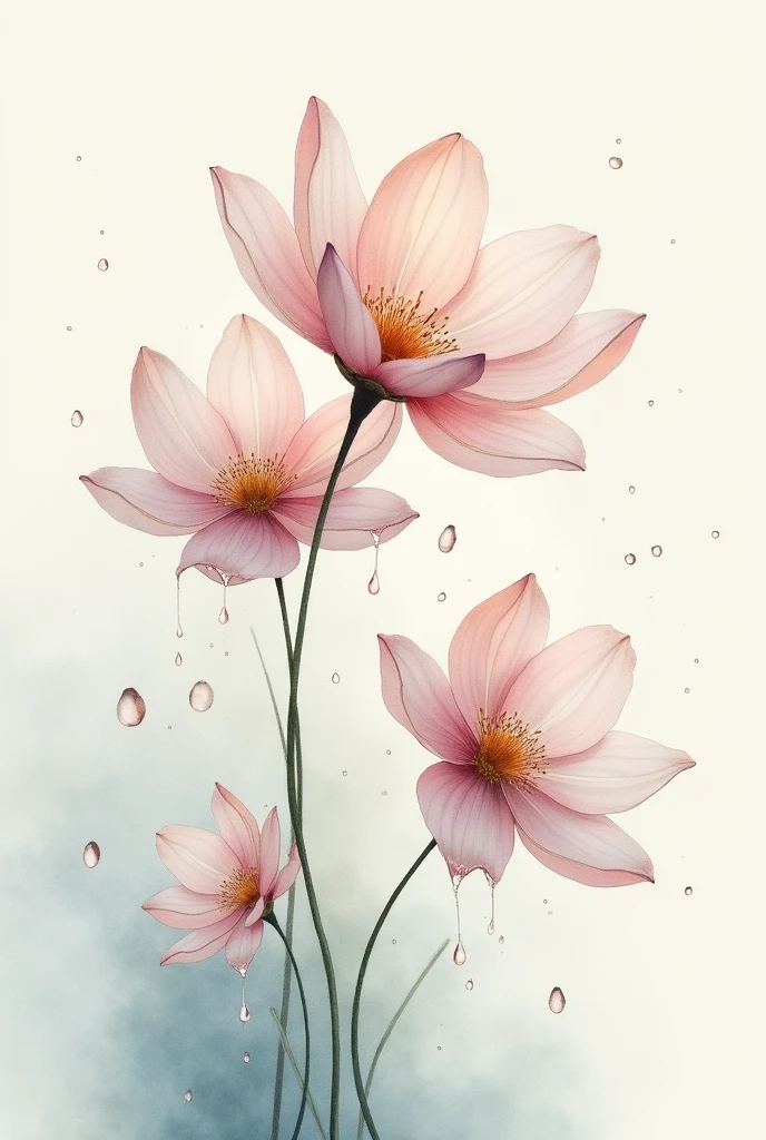  Depict delicate, almost translucent, watercolor flowers with drops of water falling from them. The delicate nature of the flowers and the water could symbolize the fragile and ephemeral nature of life, highlighting the beauty in its transience.
