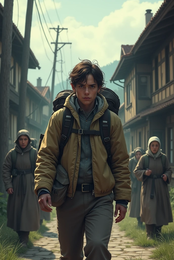 The hiker's uneasy expression as they enter the village, noticing the old-fashioned nature of the villagers.