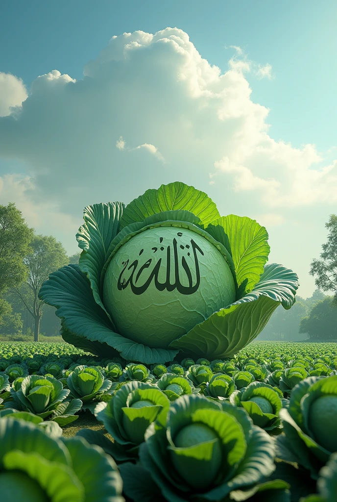 Make a nice image of Allah Hu being written on a green cabbage and that Allah Ho is behind the hill.