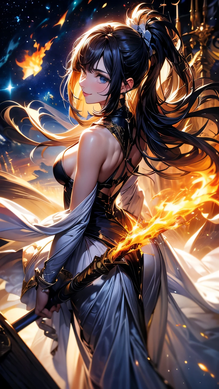 8K resolution, masterpiece, Highest quality, Award-winning works, unrealistic, From above, erotic, Only sexy women, healthy shaped body, 22 years old, Black Mage, Height: 165cm, Large, firm, swaying bust,, emerald green long hair, twin pony tail, Detailed facial depiction, BREAK, Mysterious blue eyes, Standard nose, eyeliner, Pink Lips, Sexy long legs, Transparent muscle, holy knight, Gothic ruffle long dress, A dress with a complex structure, Seven colourful dresses, Clothed in flames, royal coat of arms, elegant, Very detailed, Delicate depiction of hair, Miniature Painting, Digital Painting, art station concept art, Smooth, Sharp focus, shape, Art Jam、Greg Rutkowski、Alphonse Mucha's、William Adolphe Bouguereau、art:Stephanie Law , Royal Jewel, nature, Symmetric, Greg Rutkowski, Charlie Bowwater, unrealistic, surreal, Dynamic Lighting, Fantasy art, Complex colors, Colorful magic circle, flash, dynamic sexy pose, A kind smile, Mysterious Background, Aura, A gentle gaze, BREAK, Small faint lights and flying fireflies, night, lanthanum, From above, looking down on the world below, Starry Sky, milky way, nebula, shooting star, A sacred staff that emits a brilliant light, Back view, Facing the camera
