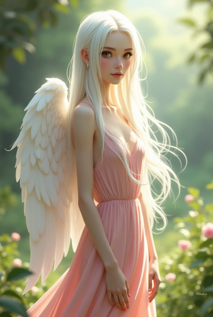 A girl whose skinny, tall, long white hair, brown eyes, big eyes, have a white wings, clean, kind, simple pink gown, realistic, goddess of cleanliness, nature background, 