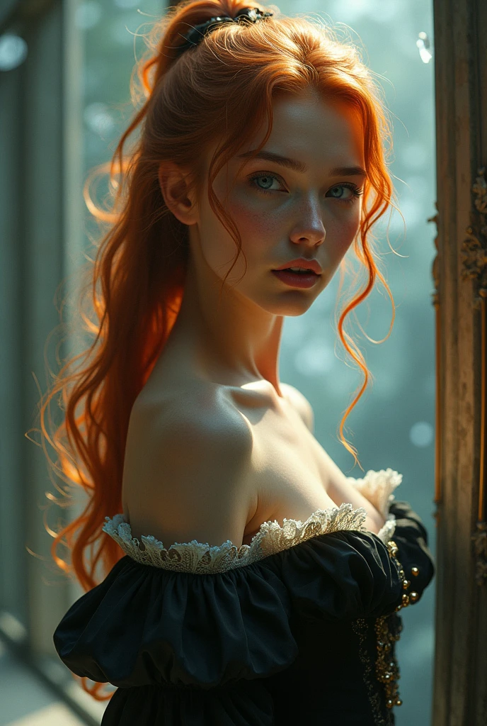 (solo, full body photo:1.3), (action packed:1.3), (haze, fog, mist:1.3), chiaroscuro, best quality, photorealistic, 1woman, (cute), (24yo:1.2), redhead, long ginger hair highly detailed, 1700'S, digital photography, art by artgerm and ruan jia and greg rutkowski surreal painting gold butterfly filigree, broken glass, (masterpiece, sidelighting, finely detailed Fashionable eyes: 1.2) (perfect oval large eyes that gazes at the viewer), beautiful detailed face, blue gorgeous perfect eyes, (blonde hair ponytail), (attractive young woman:1.3), (thick amazing hair), (seductive:1.1), (blushing:1.1)