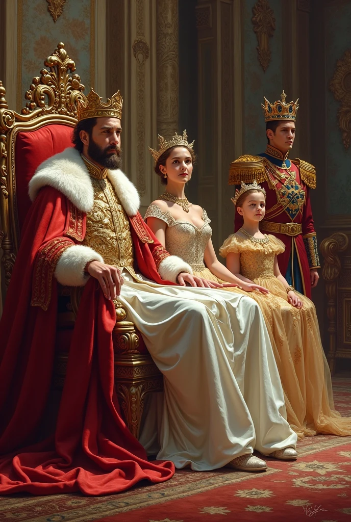 gumawa ng picture na may hari at reynang nakaupo sa crown seat at ang suot ay pang reyna at hari. sa likod ng hari ay isang prinsepe na may korona at nakasuot pang prinsepe, sa tabi nito ay ang kaniyang kasintahan na nakapangsuot ng princess dress. sa likod naman at isang prinsepe at isang kawal