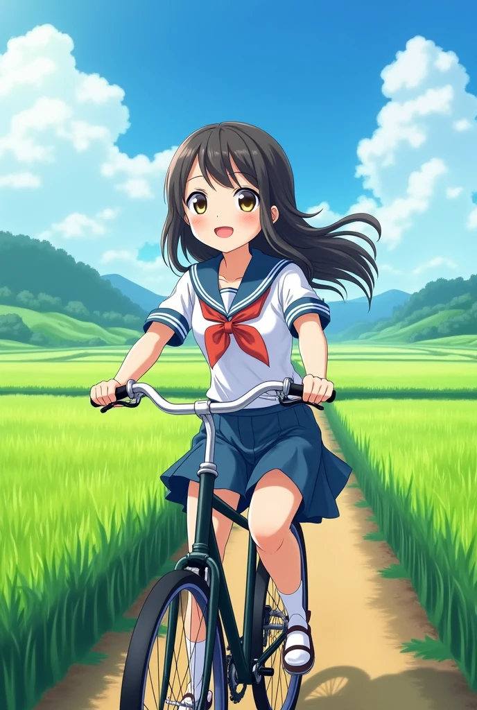 A landscape with rice paddies in the countryside in the foreground、15age、Riding a bicycle and returning with a smile、Her hair is fluttering、A cute face、School uniforms、Hot summer day、Sweating