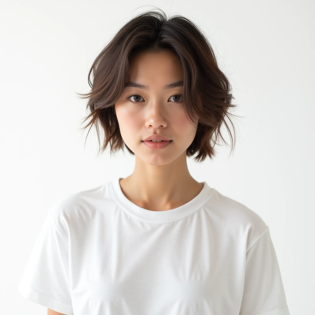 Short Hair ,Top quality, 1 beautiful woman, age 28, white T-shirts, 35mm lens, f/1, cowboy shot, (white background: 1.3)