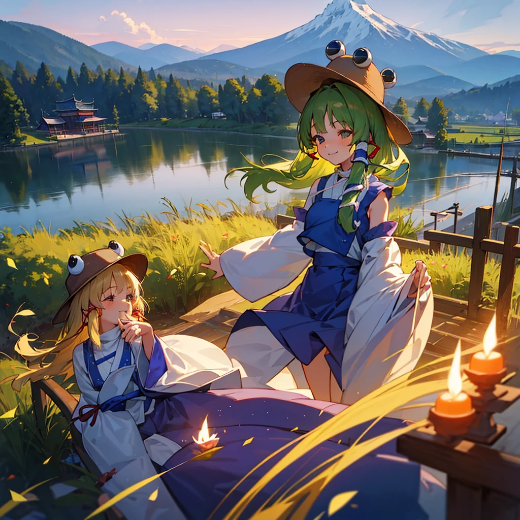 Highest quality、masterpiece、Detailed、beautiful、８Ｋ、Two Girls、Delicate and fine skin、Oriental Project、Sanae Kochiya、Suwako Moriya、Mountain、firework、Shrine masterpiece、Highest quality、Very high quality、8k、Very detailed、Delicate and fine skin girl、Young、young、Smiling、