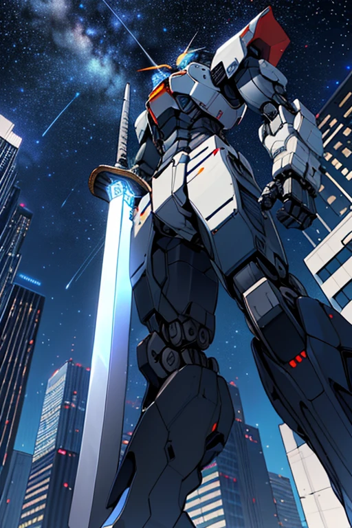 ((Highest quality))　((Giant robot with sword))　((Starry Sky))　((Between the Skyscrapers))　((Blue and white color scheme))　((The eye is a straight line.))