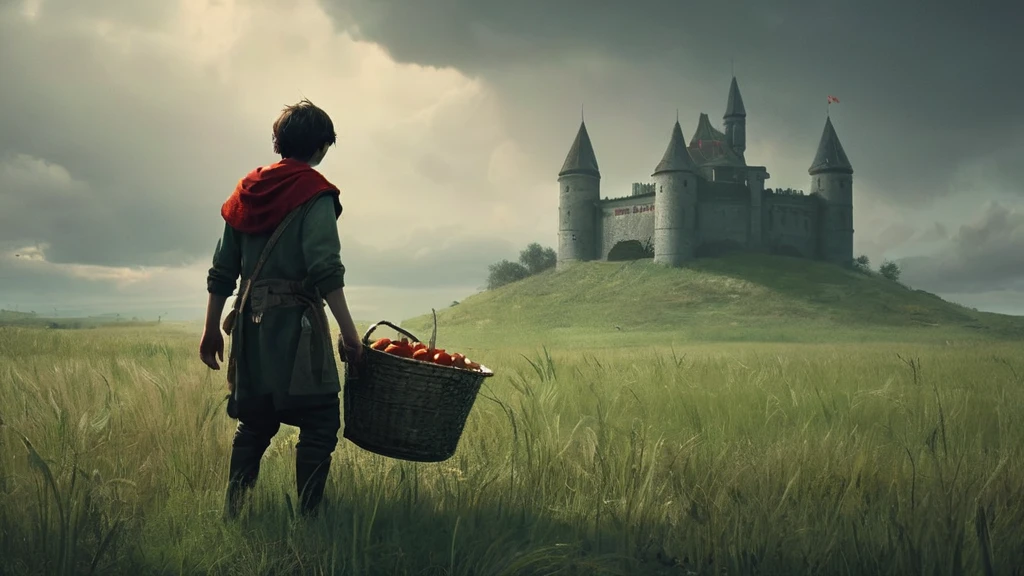 In a medieval dark fantasy setting, depict a young boy standing in the middle of a vast, overgrown grass field. The boy, with a humble appearance and tattered clothing, clutches a wooden bucket filled with ripe, red tomatoes. His expression is a mix of determination and weariness, as if he's on a long journey. The field around him is wild and untamed, with tall grasses swaying in the breeze, and distant, dark forests bordering the horizon. The sky is overcast, casting a gloomy, muted light over the scene. In the background, hints of an old, crumbling castle or village can be seen, adding to the dark, mysterious atmosphere of the world around