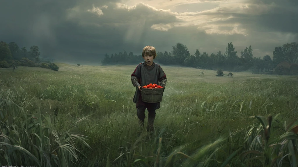 In a medieval dark fantasy setting, depict a young boy standing in the middle of a vast, overgrown grass field. The boy, with a humble appearance and tattered clothing, clutches a wooden bucket filled with ripe, red tomatoes. His expression is a mix of determination and weariness, as if he's on a long journey. The field around him is wild and untamed, with tall grasses swaying in the breeze, and distant, dark forests bordering the horizon. The sky is overcast, casting a gloomy, muted light over the scene. In the background, hints of an old, crumbling castle or village can be seen, adding to the dark, mysterious atmosphere of the world around