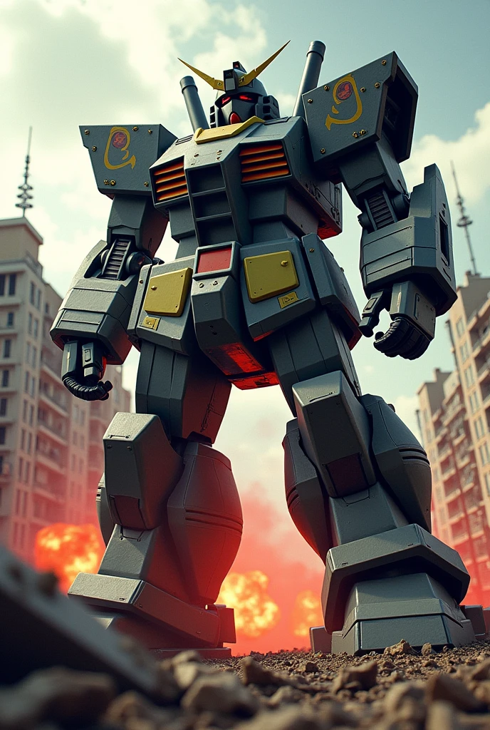 Psycho Zaku Sazabi big samurai robot. Hulk buster. Holding a building. Destroy building everywhere.red fall on damage building. Upper angle shoot. Tilt shift photography