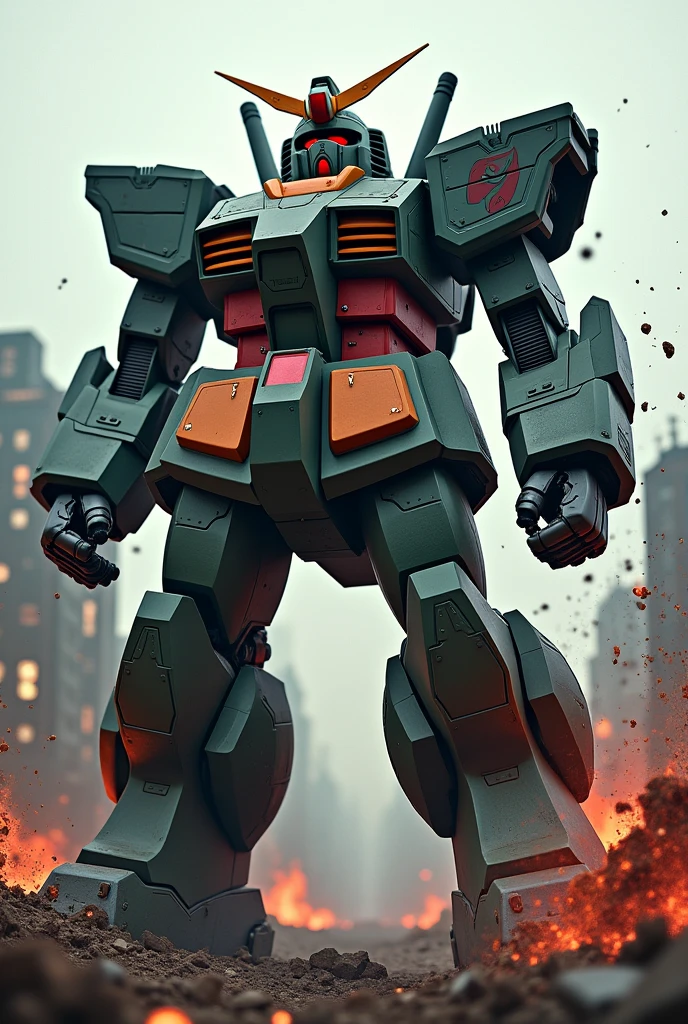 Psycho Zaku Sazabi big samurai robot. Hulk buster. Holding a building. Destroy building everywhere.red fall on damage building. Upper angle shoot. Tilt shift photography