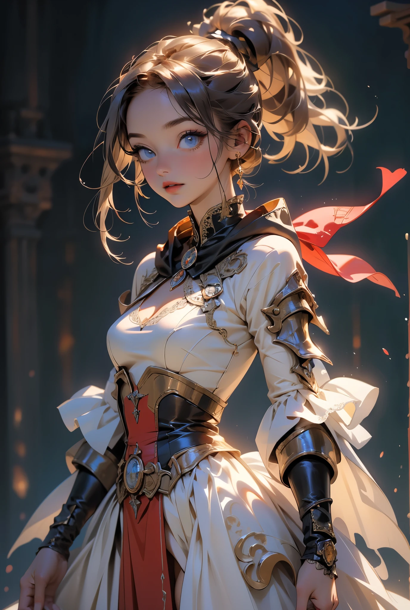 (((masterpiece, of the highest quality, super detailed))), (a witch belonging to an occult order of knights), (a knight crossed with a witch), Victorian era inspired, ((minimal but intricate beautiful armour)), (Fluttering lace flared dress with frilly petticoats), ((Bloodbourne inspired)), (big forhead:1.2), (((dark hair, ponytail, thick ponytail, heavy ponytail))), (((Very sharp focused eyes))), (small breasts), very long eyelashes, occult aesthetic, (red and white clothing detailed and intricate steampunk and detailed gothic), (with a hood), complex lace boots,