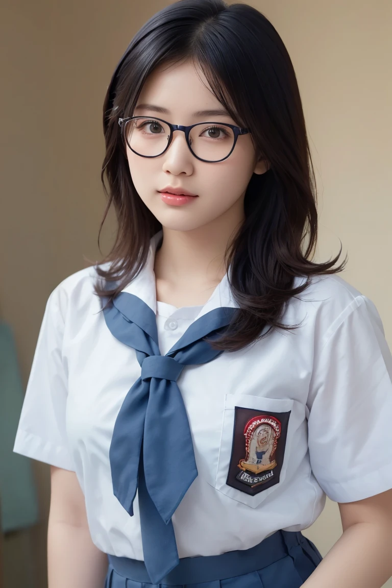 (Highest quality:1.4),(masterpiece:1.4),(Realistic:1.4),(Realistic:1.2),(超High resolution, RAW Photos:1.4),(High resolution, Very detailed:1.2),(8k:1.2),photograph,a photo of a dark-haired,One Girl,alone,,nipple,naked,((school uniform, open button, Sailor suit, Navy blue and white traditional Japanese style, Fine ribbon and pleated skirt)),((Big Breasts)),((Upper Body:1.3)) wearing glasses