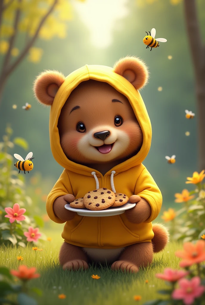 Smiling brown bear cub、Yellow hoodie、Round ears、cute、Chocolate Chip Cookies、in the forest、Bees flying around、There are flowers on the ground、Friendly atmosphere、High resolution