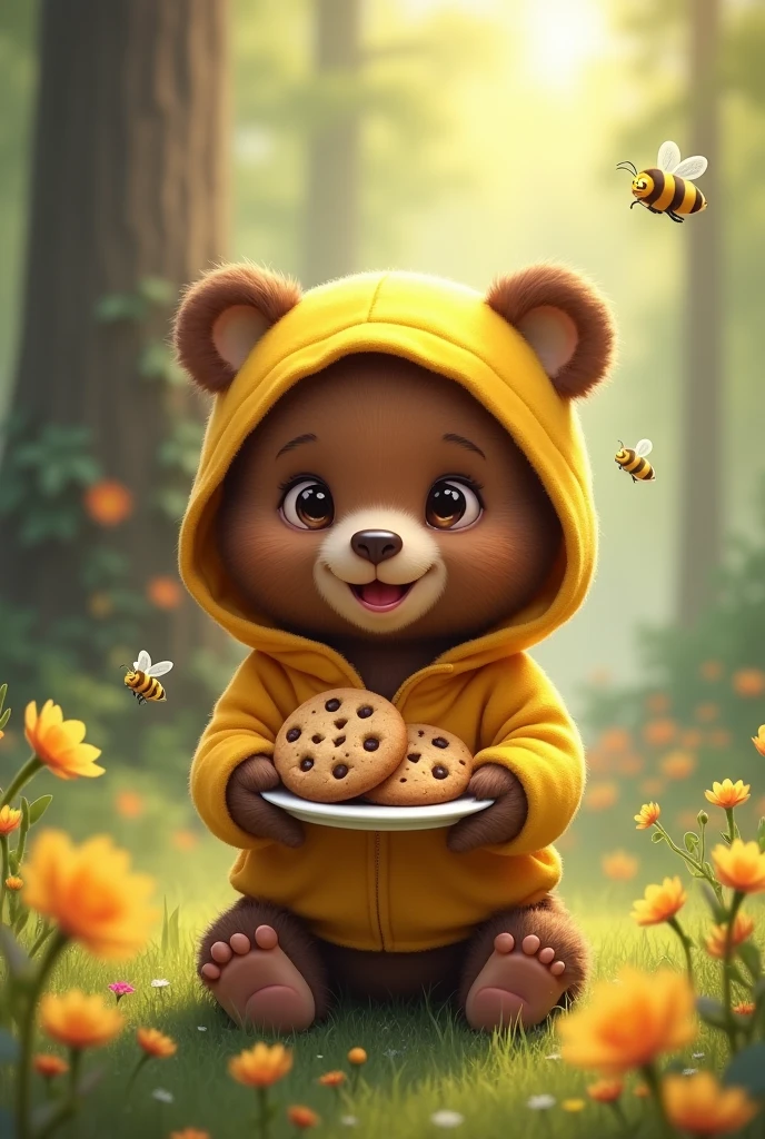 Smiling brown bear cub、Yellow hoodie、Round ears、cute、Chocolate Chip Cookies、in the forest、Bees flying around、There are flowers on the ground、Friendly atmosphere、High resolution