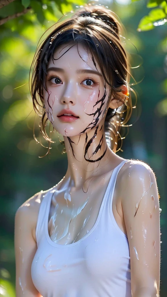 RAW photos:1.2), (realistic), ((jogging along a path)), ((Face and body soaked in a milky liquid:1.2)), upper body shot, beautiful detailed girl, very detailed eyes and face, beautiful and delicate eyes, huge file size, high resolution, very detailed, best quality, very detailed, fine details, best quality, 8K wallpapers, Natural light illumination, 15-year-old sister, ((in the forest)), bright background, sleepy expression, messy hair, slim body, young face, immature body , Sunlight lighting, ((White tank top)),