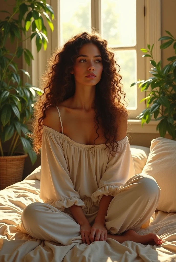 (photorealism:1.2), beautiful woman, sitting on bed, wearing loose off-shoulder top, pajama pants, long curly hair, indoors, soft lighting, plants in background, window with sunlight, cozy room, relaxed pose, realistic, intricate details, warm colors, by Greg Rutkowski, by Alphonse Mucha