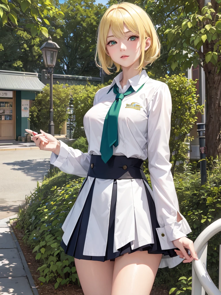 (Ultra extreme detailed),(Masterpiece),(Ultra extreme),(Realistic),CG,(color:1.2), Strong lighting,Light from behind,evaluation:Safety,One blonde, one alone., white,紺color,Blonde Short Hair,Green Eyes,white shrite,short_beautiful girl((uniform))、convenience store、高校生のuniform、school uniform