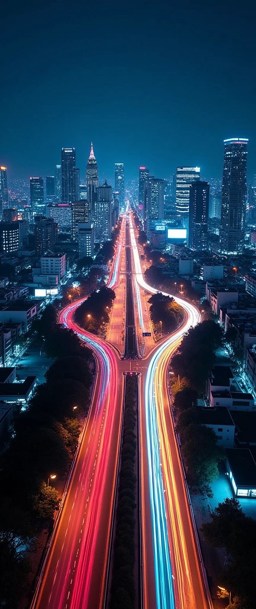(Light trail photography:2.0),Tokyo,skyscraper,Metropolitan Expressway,(Highway intersection:2.0),night,Aerial photography by airplane,beautiful光の残像,(Light is represented by rainbow colors.:2.0),(masterpiece:1.2,Highest quality,Ultra-high resolution,Ultra-detailed,8k,Photorealistic,RAW Photos),beautiful,(dynamic)