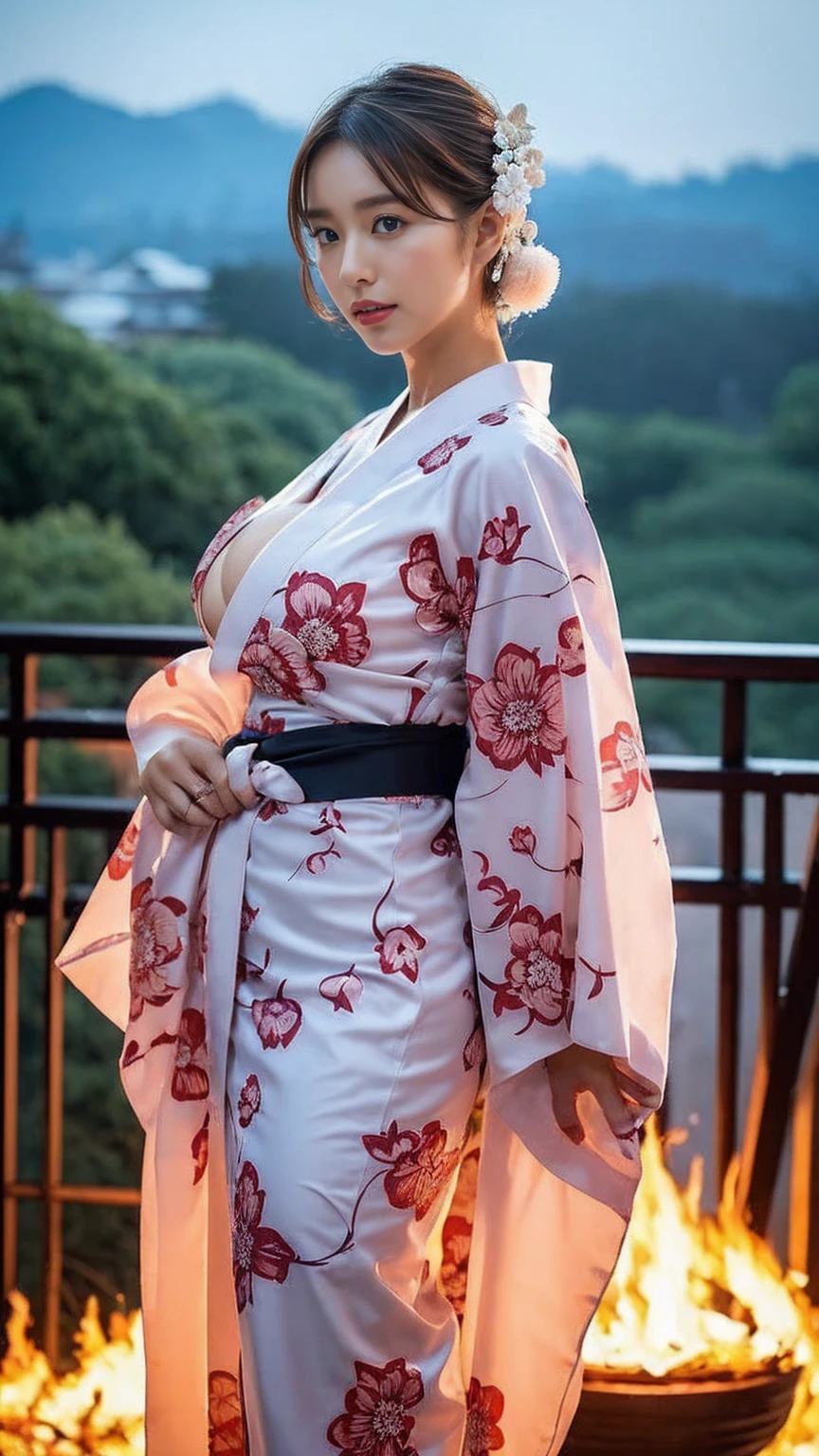 ((bigbreast:1.2)),A glamorous and voluptuous woman wearing a traditional yukata is standing gracefully with the Kyoto Gozan mountains in the background, where the giant “Daimonji” bonfire is burning brightly on the hillside. The scene is set at night, with the large “大” character glowing prominently against the dark sky. The full-body shot captures her entire figure, from head to toe, emphasizing the elegance of her yukata and her poised stance. The soft, warm light from the distant fire illuminates her figure, creating a serene and atmospheric scene. The image should be highly detailed and realistic.