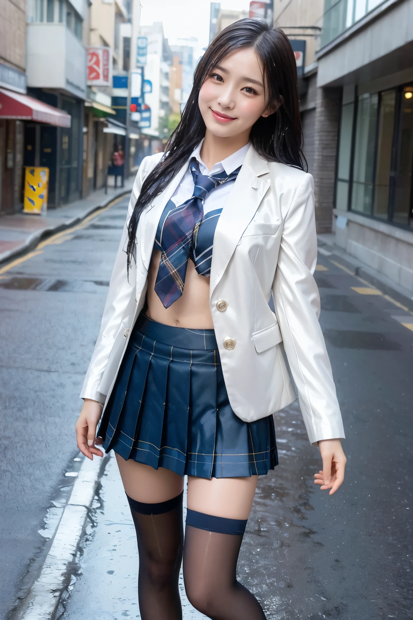 (8k, RAW photos, best quality, masterpieces: 1.2), (Shinjuku at night in Japan), (sidewalk), (professional lighting), (photon mapping), (one girl), (solo: 1.4), (full body), (sexy), (light brown medium hair), (see-through wet white panties: 1.3), (camel toes), (Japan girls' high school uniform), (dark blue blazer: 1.2), ( Short plaid skirt: 1.2), (white shirt for students), (tie: 1.2), (same dark blue socks and black loafers on both legs: 1.5), (detail), (beautiful face), (perfect proportions), (long legs: 1.2), (thin breasts), (panties visible from under the skirt), (detailed female pubic shape clearly visible: 1.3), (pubic hair: 1.1), ( Low Angle:1.2), (Realistic), (without panties)