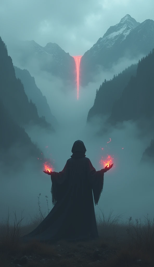 dark fantasy, Mysterious big Fog, Mysterious girl, sorcerer, pointing with hands  somethint at mountains in mist, casts a spell, dark magic, visible red magic from hands, dark and gloomy, visible tongue of fire deep in mist descending from mountains, realistic, full body shot, panoramic view, 