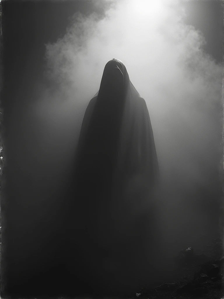 A mysterious figure coming out from the fog, reminiscent of a classic black and white image. The scene is accentuated with dramatic lighting and contrasting shadows, creating a sense of mystery. The overall look gives the impression of being captured on a medium format film camera, complete with film grain and a textured atmosphere for authenticity. The figure's face bears an enigmatic expression, further intensifying the intrigue of the image.