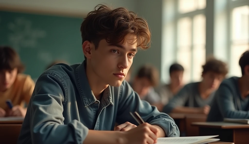 Create an image of a young man sitting in a classroom with a serious and thoughtful expression. He has short, tousled hair and a focused look on his face, reflecting deep concentration. The background features other students sitting in the classroom, slightly blurred to emphasize the main subject. The overall lighting is soft, with a natural light source coming from a window, casting gentle shadows that add depth to the scene. The mood should convey a sense of contemplation, determination, and focus in an educational environment.