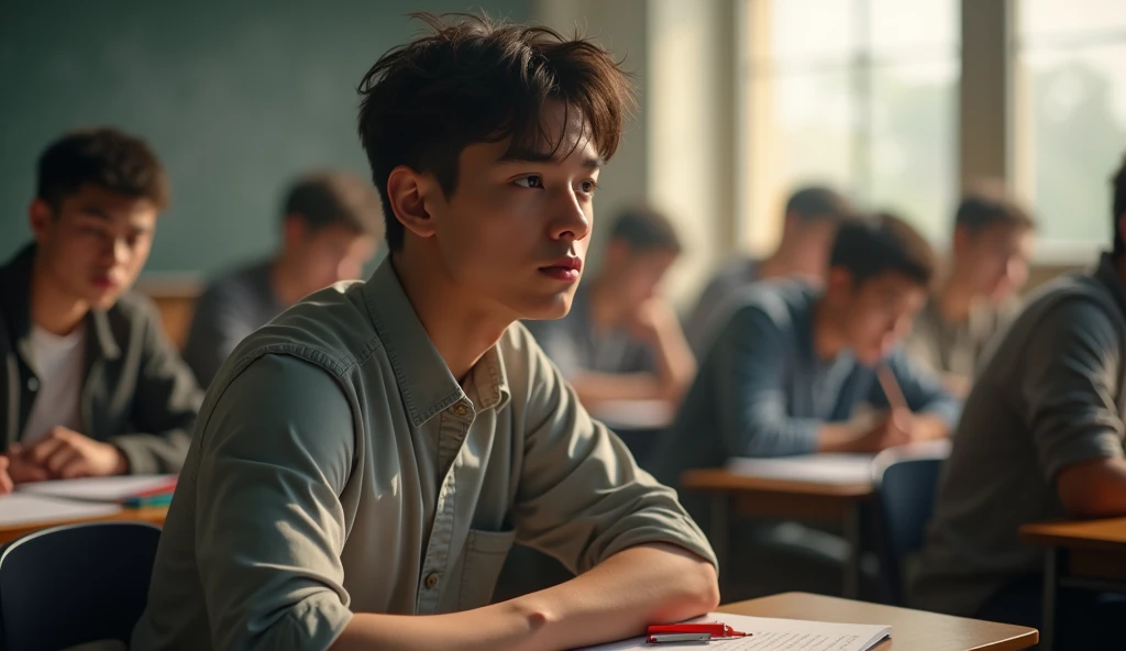 Create an image of a young man sitting in a classroom with a serious and thoughtful expression. He has short, tousled hair and a focused look on his face, reflecting deep concentration. The background features other students sitting in the classroom, slightly blurred to emphasize the main subject. The overall lighting is soft, with a natural light source coming from a window, casting gentle shadows that add depth to the scene. The mood should convey a sense of contemplation, determination, and focus in an educational environment.

