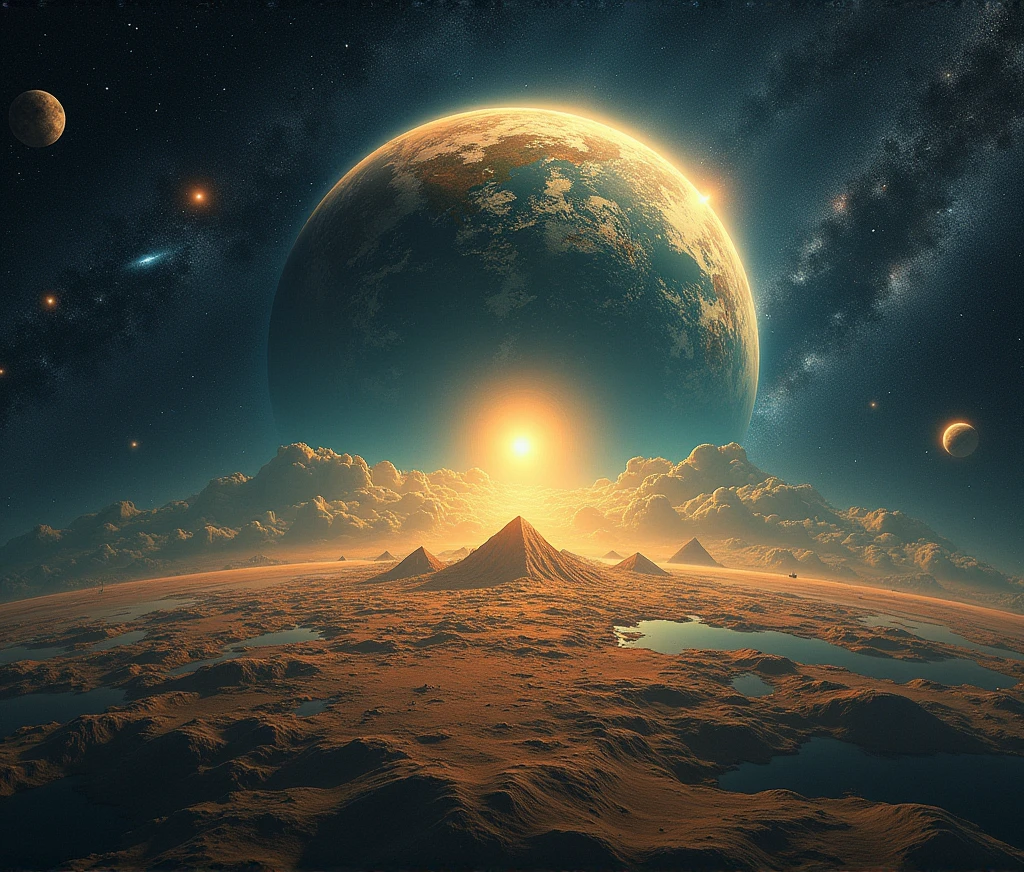 With digital art, 4k, 8k, he creates the Sumerian vision of the planet and the cosmos.
His vision was like this:
The earth was a flat disk (in the center of the disk is the land of Sumer with its cities and its great ziggurats, on the edges of this disk there was desert), surrounding the disk, the ocean, below the ocean and the disk, the underworld, above the disk and the ocean, the celestial dome or the sky, with the sun, the moon and the stars. The underworld and the sky would make a sphere, with the disk and the ocean in the center. Outside of this, the universe with its galaxies and its laganas stars.