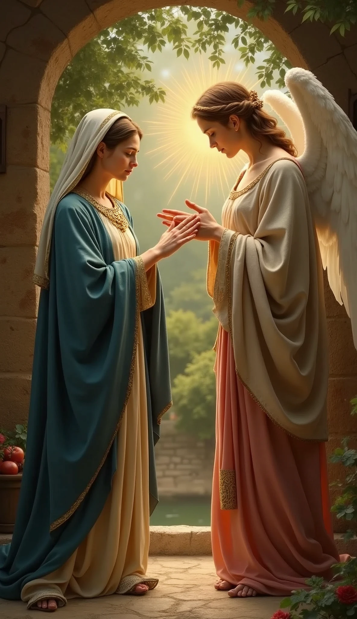 The Annunciation。The beautiful Virgin Mary at the age of 15。Archangel Gabriel。