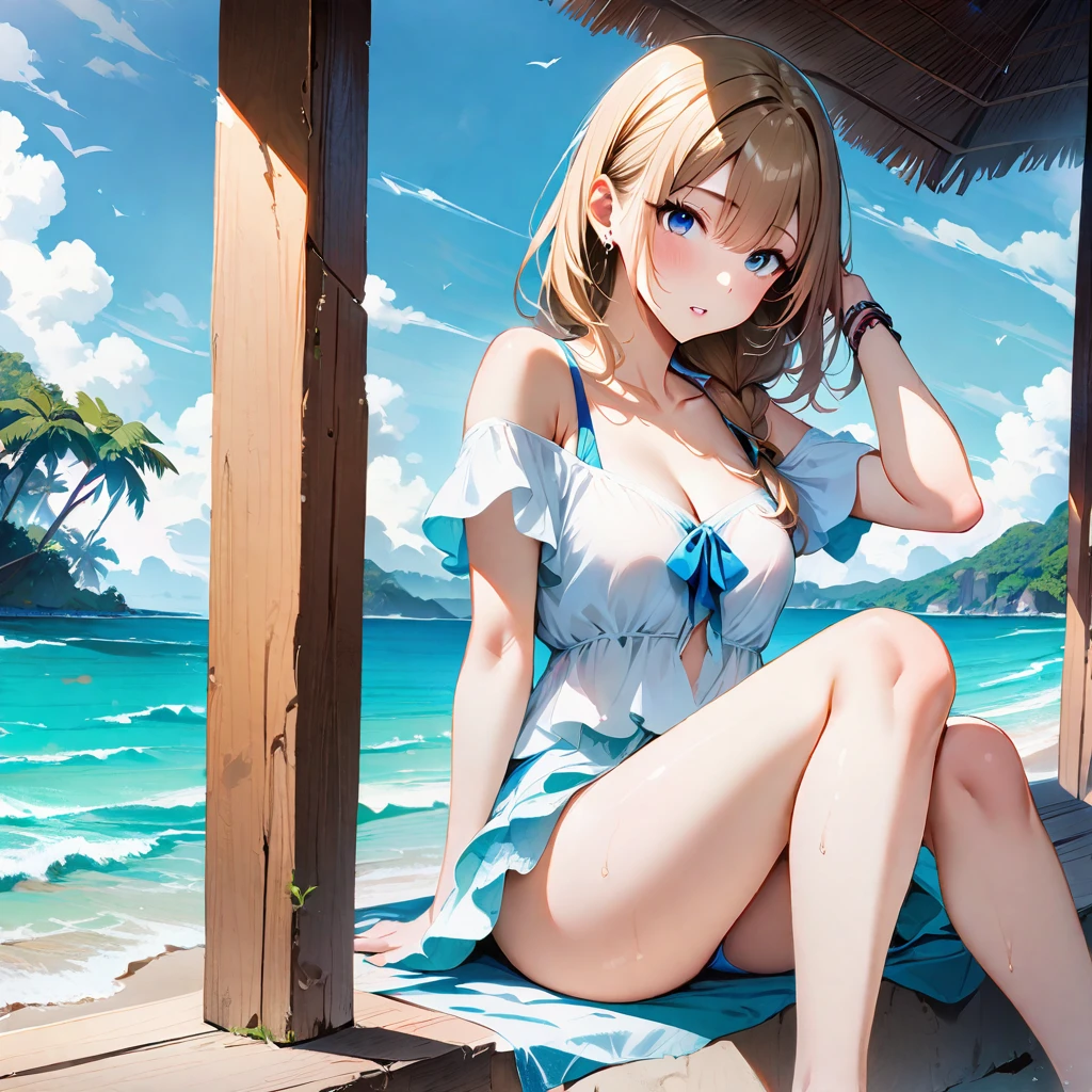 (masterpiece, Highest quality:1.2), 1 Girl, alone,Eyes open,Tropical atmosphere,Ocean,Swimwear