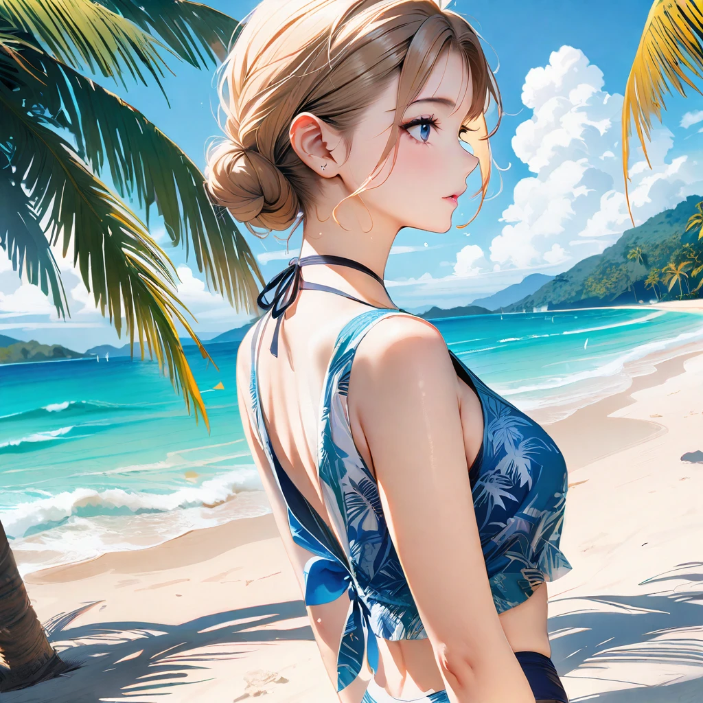 (masterpiece, Highest quality:1.2), 1 Girl, alone,Eyes open,Tropical atmosphere,Ocean,Swimwear