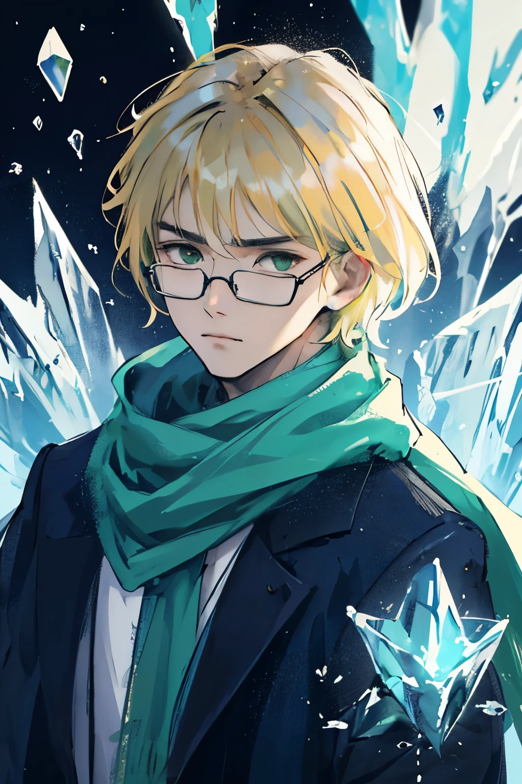 male male character design Oppa's bangs hairstyle
Short blonde hair, wearing a dark blue suit.
Wear a green scarf Wear cool, icy, black square glasses.
straight face alone