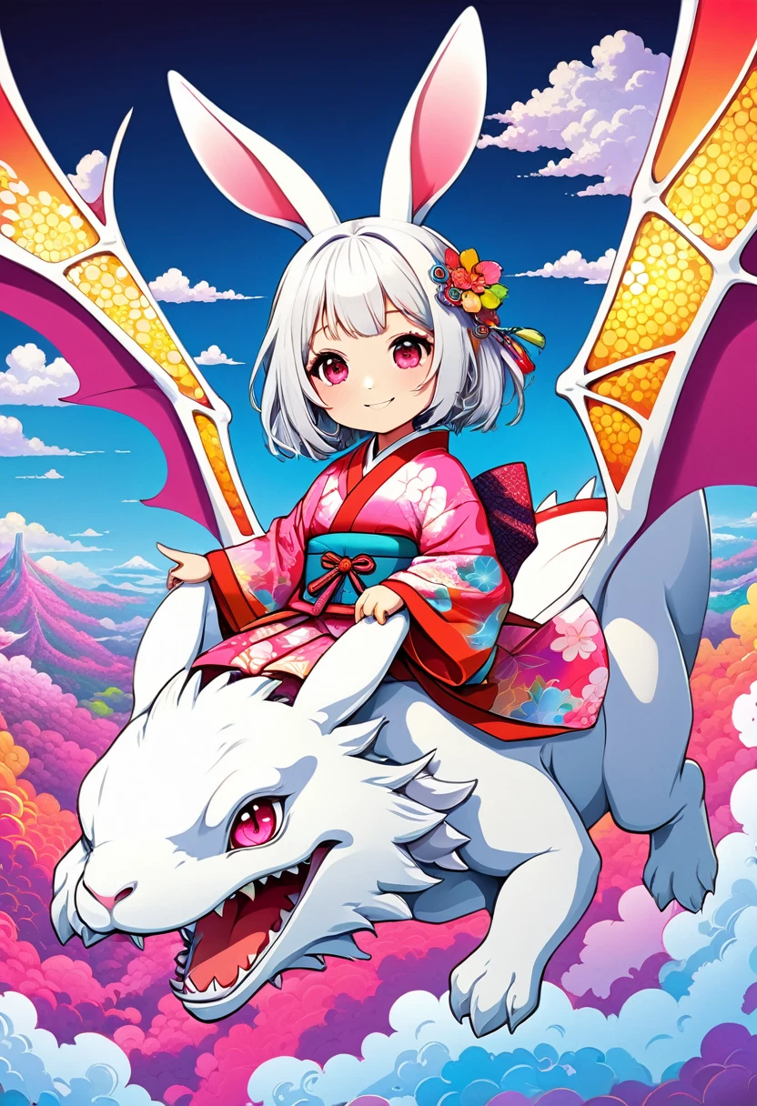 Fantasy  CG Illustration.A Ultra Chibi Style style  of a girl wearing colorful kimono and riding a dragon.(The girl is a beast:1.2).Rabbit beastman,The girl has short fluffy white hair and red eyes.A rabbit face with rabbit ears growing,She is wearing a colorful kimono with a pop pink base and a cute rabbit pattern on it.The girl flies through the sky on a white dragon made of machinery.She smiles and points in the direction we're going.The background of the otherworldly world of fractal pop art, with its many psychedelic patterns and colors,Front shot of a dragon and a girl,High quality,High precision,Masterpiece best Quality,4k.8k,Ultra detail,Ultra fine painting,Professional illustration,Vivid color,