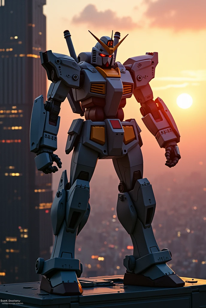 1 giant mecha gundam robot, highly detailed mechanical design, sitting on the edge of a tall skyscraper, dramatic lighting, cinematic scene, detailed futuristic cityscape, beautiful warm sunset colors, stunning photorealistic render, (best quality,8k,highres,masterpiece:1.2),ultra-detailed,(realistic,photorealistic:1.37),intricate mecha design,muscular mecha body,complex mecha limbs,glowing thrusters,detailed mecha armor plating,cinematic camera angle,dramatic shadows,dynamic composition,warm color palette,volumetric lighting,photorealistic textures,cinematic mood,epic scale