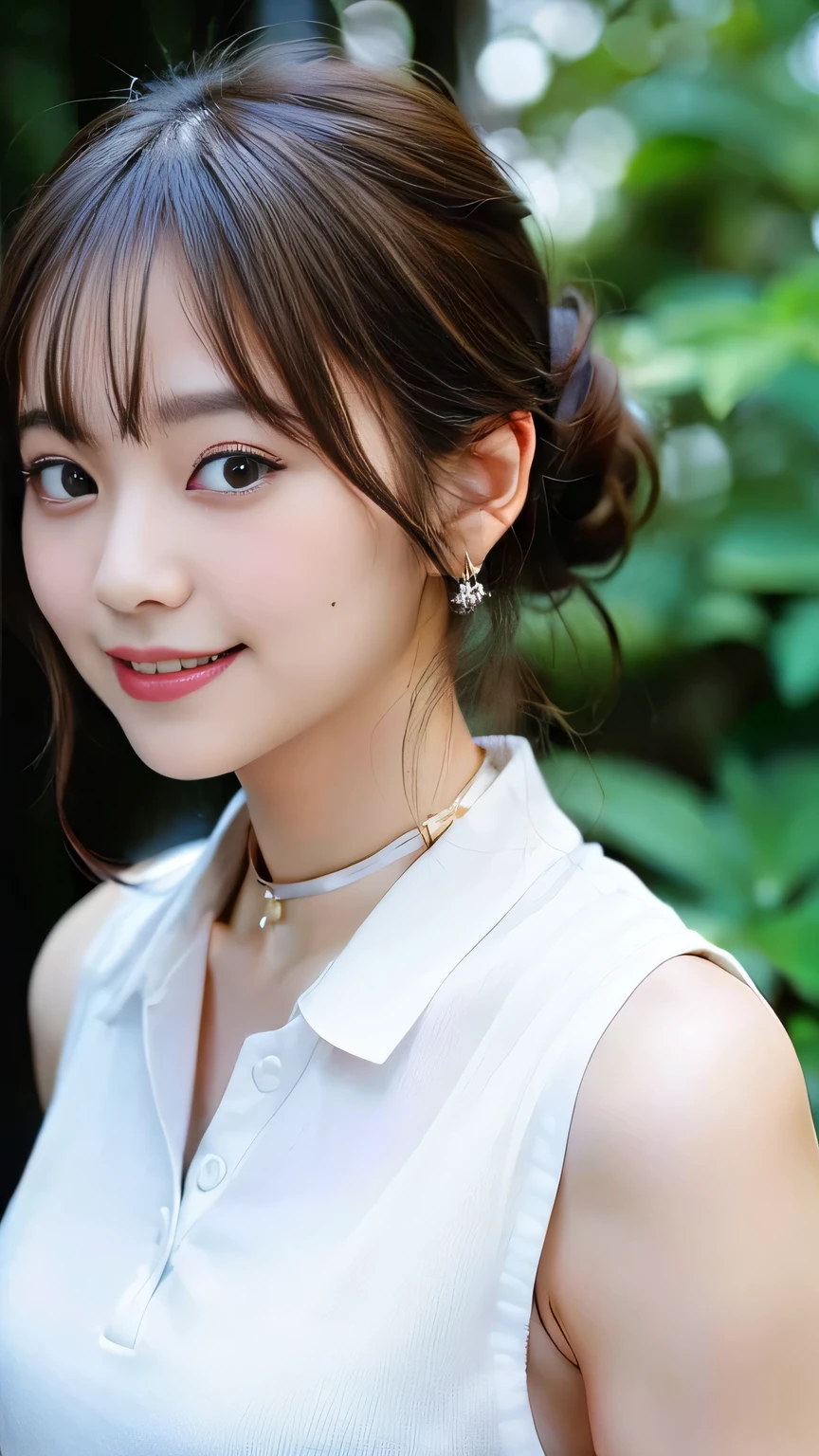 (8k, Highest quality, Real,Ultra-high resolution:1.5),Beautiful Japanese Women, ((Cute Smile)),（10th Generation）,（Updo）, (Sleeveless shirt with collar), A side profile peering into this, Close-up shot of the face、