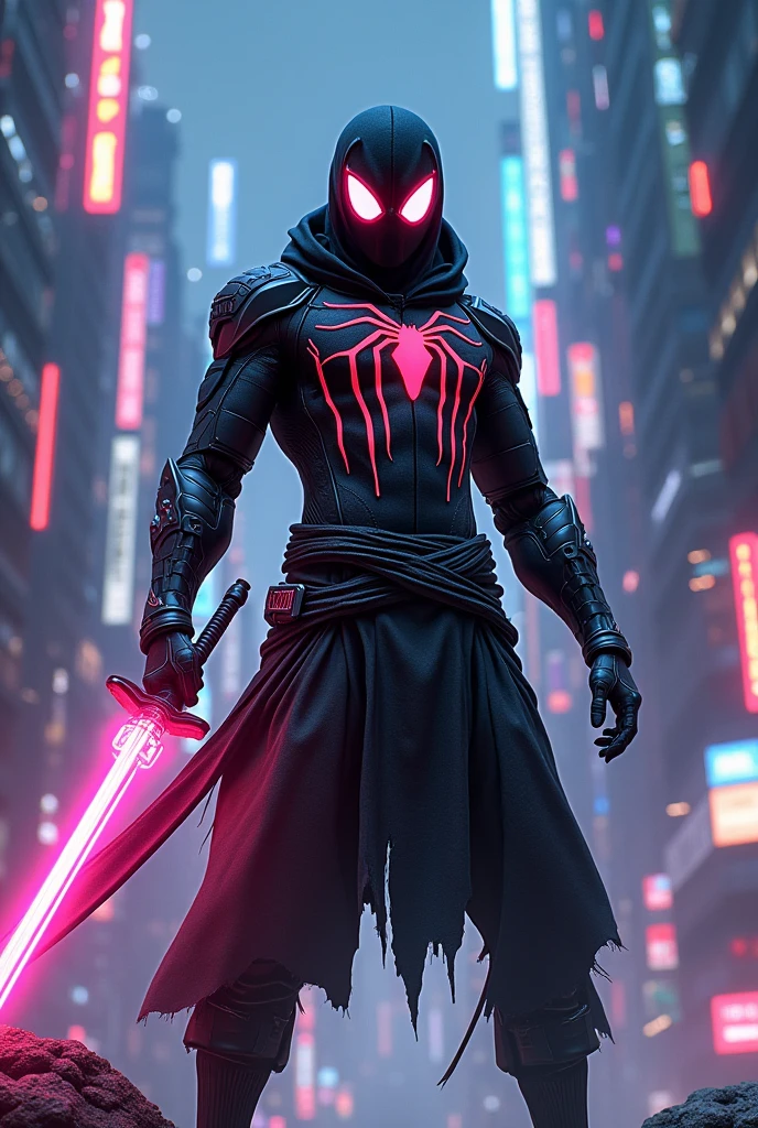 Spider man ninja with sword cyber neon