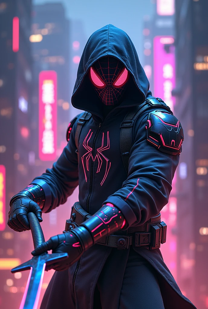 Spider man ninja with sword cyber neon 