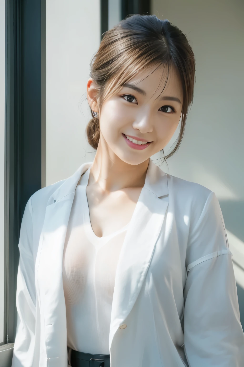 (4k, 8k, best quality, masterpiece:1.2), (realistic, RAW photo:1.0), ((the front, full body:1.5)), big tits:0.6, Japanese 28 years old beautiful model, dressed in a professional white lab coat,1 girl,solo, (beautiful skin, smile:1.0), realistic natural light, realistic shadow, photon mapping, radiosity, (small head),