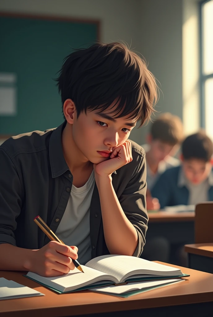 A boy wearing a blue uniform is crying in class.