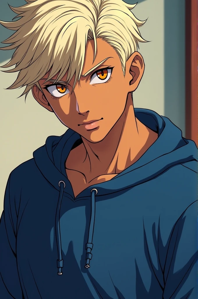 Chico, handsome, manly, moreno, orange eyes, short platinum blonde hair and wearing an indigo sweatshirt, in the anime style of Jujutsu Kaisen 