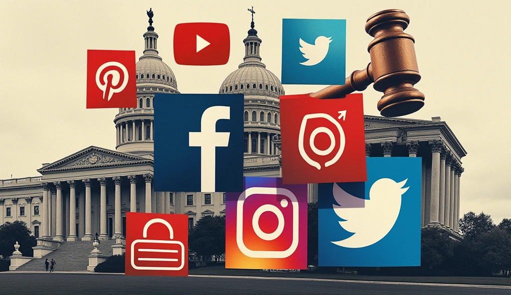 A collage of various social media icons (YouTube, Facebook, Instagram, Twitter) with a gavel and government building in the background, depicting the intersection of social media and government regulation