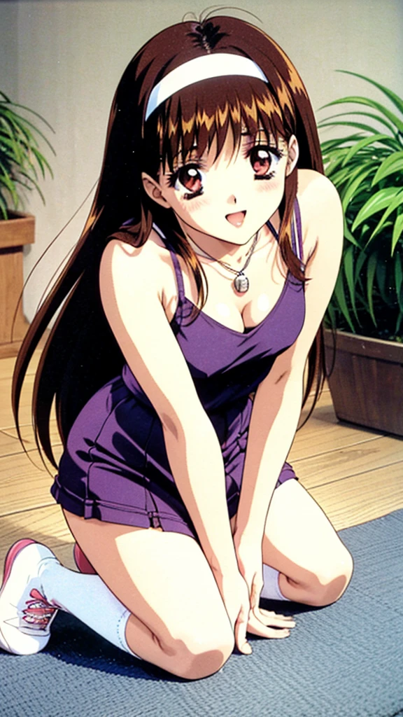 Yuuki Mizuho, One person, alone, Long Hair, hair band, Brown Hair, Bloomers,Gym suit, Open your mouth, Checkered Skirt, blush, Lips parted, liar, On the mat,On all fours,On all foursになって,To the audience,Cleavage, From below, retro artstyle,White knee socks, sneakers, 1990s (style), expensive quality, very_expensive_solve, big_file size, Full Color,(nup, plunging necklines:1.2)