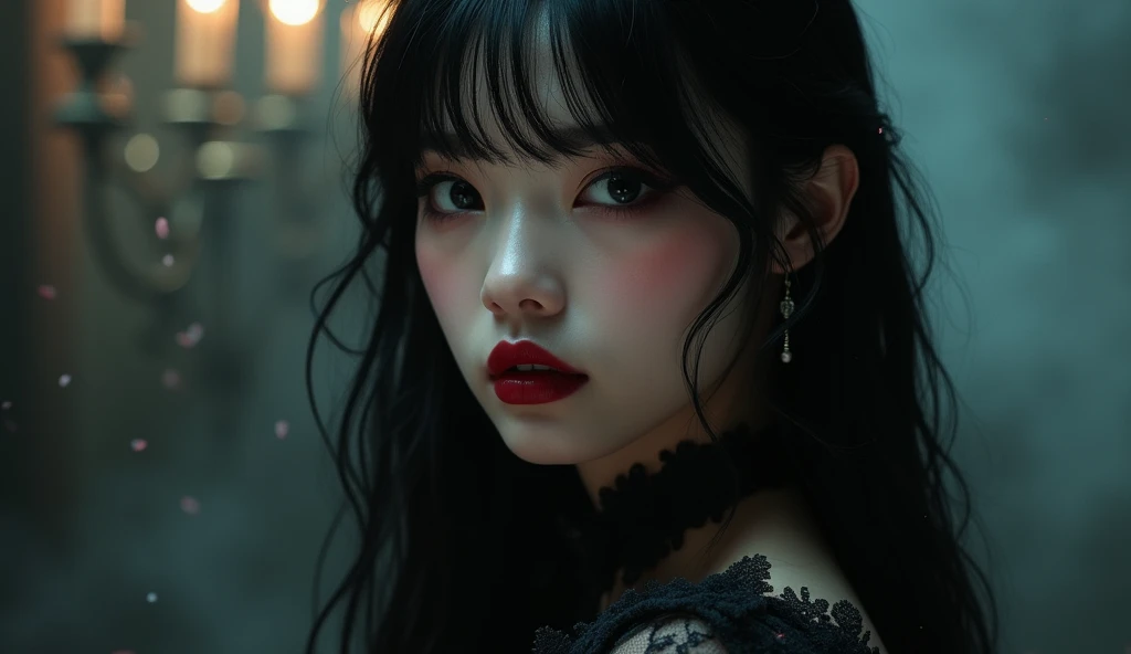 A highly detailed photorealistic image, a close up of a beautiful japanese woman, long hair with bangs, dreamy gothic girl, gothic make-up, she is a vampire, beautiful face, detailed face, elegant render, half body photo, mistress, photoshop render, cinematic lighting, ebony rococo, elegant girl, female spy, haunting beautiful young woman, detailed face, extravagant dress, beauty girl, very femenine, dark haze atmoosphere, ambient dust