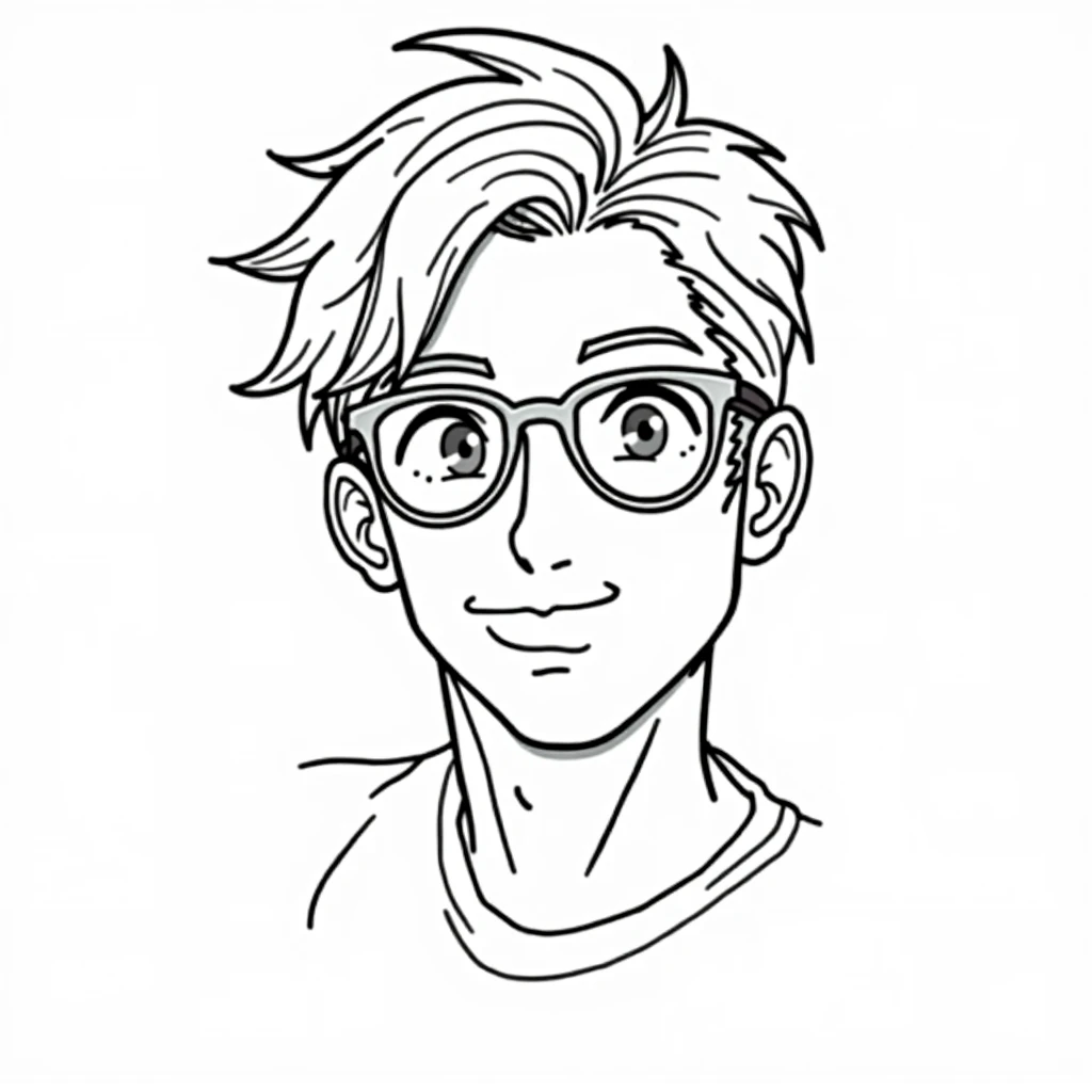 Please draw a refreshing male character wearing glasses。
Please design it in black and white line art。