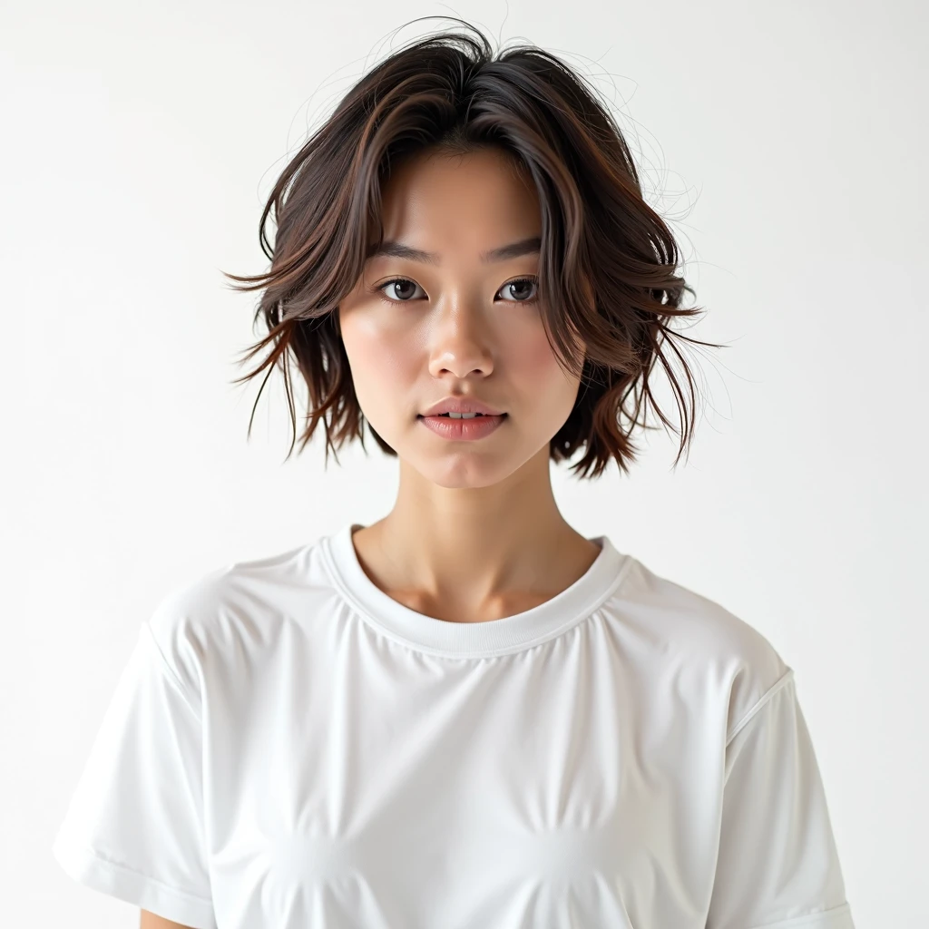 Short Hair ,Top quality, 1 beautiful woman, age 28, white T-shirts, 35mm lens, f/1, cowboy shot, (white background: 1.3)