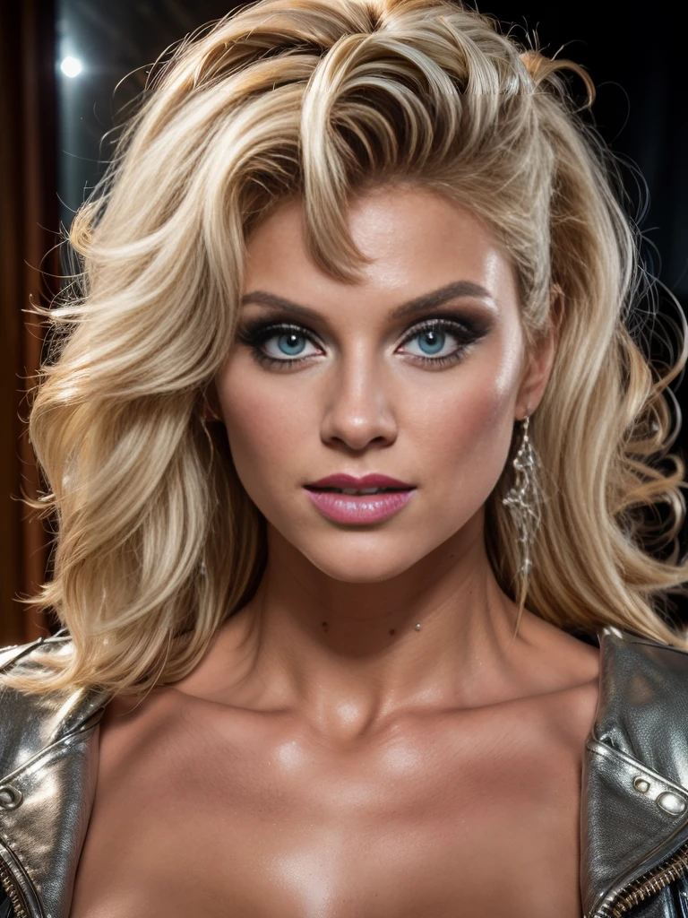 Close up of a womans face (Ginger Lynn), (makeup:1.4), beautiful smile,blonde hair, latex outfit, zipper, natural skin texture, 4k textures, Highly detailed perfect , Lightroom, Intricate, Ultra-Realistic, Out There, (HDR:1.3), UHD, (Intricate Detail, Hyper-Detailed:1.1), Cinematic, Photoreal, (Dark Shot:1.2), Dramatic, High Contrast, (Warm Color:1.1) , muted colors, master piece, elegant, sharp focus,