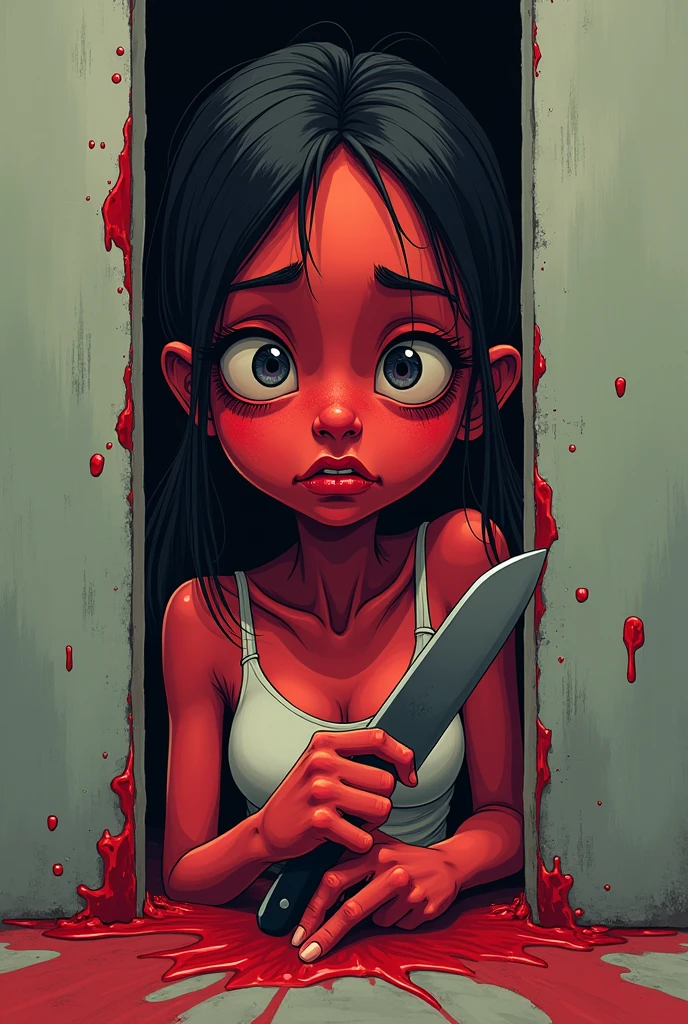 A red female among us killing itself, A cartoonic look like, with a knife in her hand. 